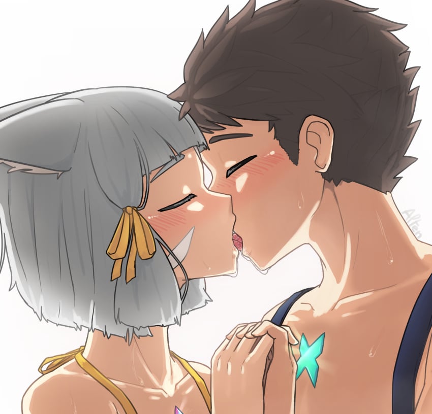 1boy 1boy1girl 1girls alten animal_ears brown_hair canon_couple catgirl closed_eyes core_crystal face_markings french_kiss french_kissing grey_hair hand_holding intimate kissing light-skinned_female light-skinned_male making_out nia nia_(xenoblade) nintendo rex_(xenoblade) romance romantic saliva shirtless_male swimsuit taller_male watermark wholesome xenoblade_(series) xenoblade_chronicles_2