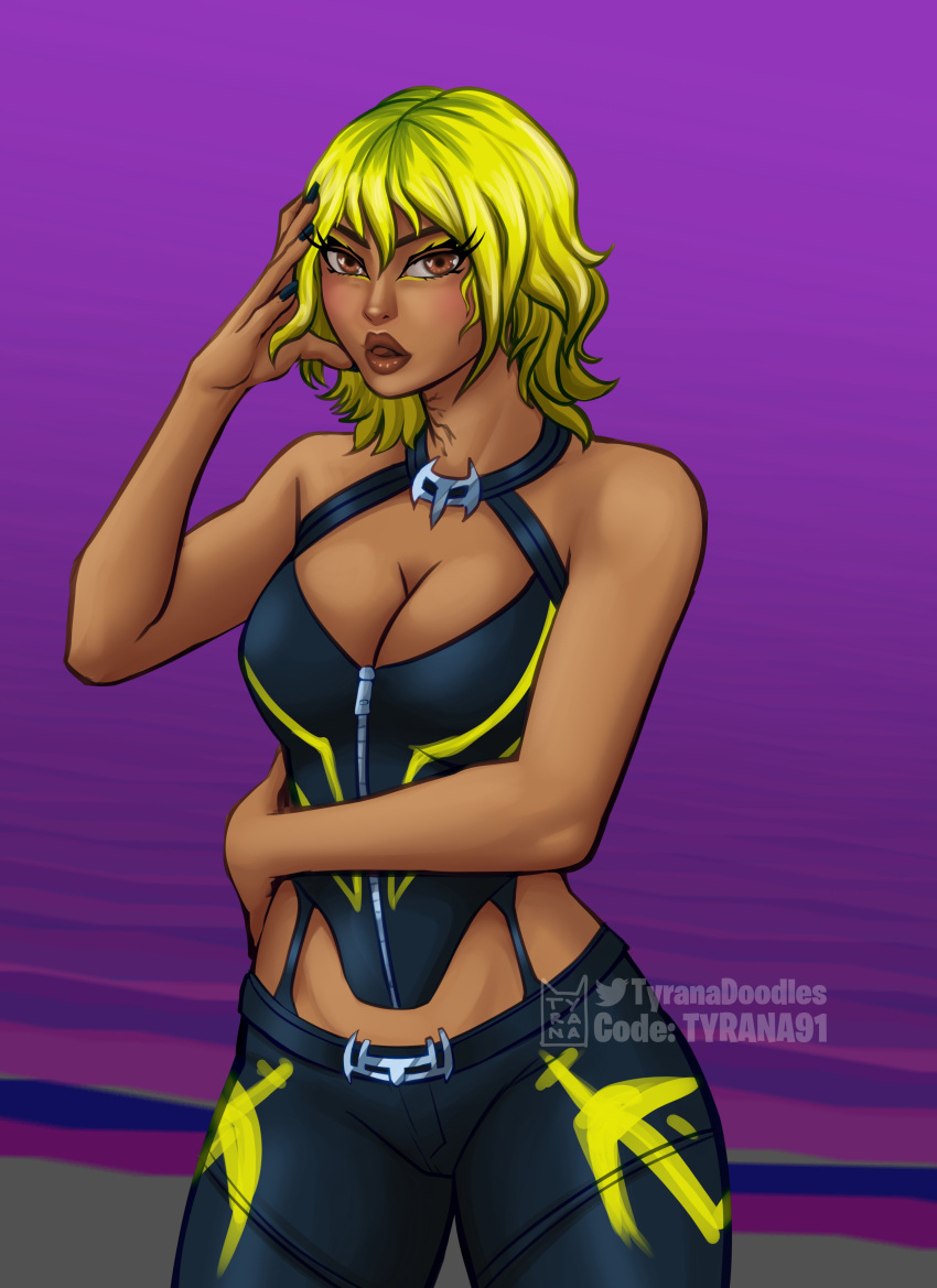 1girls cleavage clothing female female_focus fortnite green_hair hana_(fortnite) hand_on_head hand_on_hip hazel_eyes hispanic lips looking_at_viewer simple_background tagme tan_body tyrana