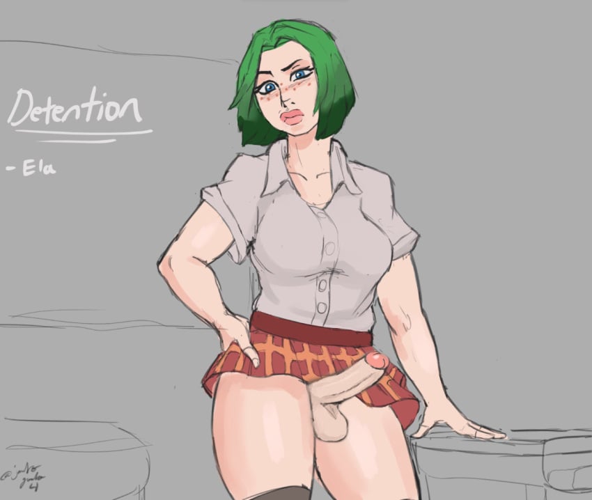 1futa balls big_penis bottomless breasts clothed clothes clothing detention ela_(rainbow_six) erection futa_only futanari green_hair human jumbogumbo light-skinned_futanari light_skin looking_at_viewer mostly_clothed penis rainbow_six rainbow_six_siege school_uniform schoolgirl short_hair skirt solo standing