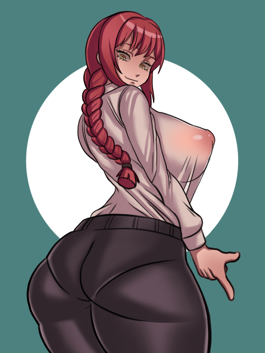 1girls ass big_ass big_breasts braided_hair breasts chainsaw_man clothed_female female female_only fully_clothed huge_asw long_hair makima_(chainsaw_man) nipple_bulge pants pantylines pokpa red_hair shluv98bu solo standing thick_thighs thighs tight_pants wet_clothes yellow_eyes