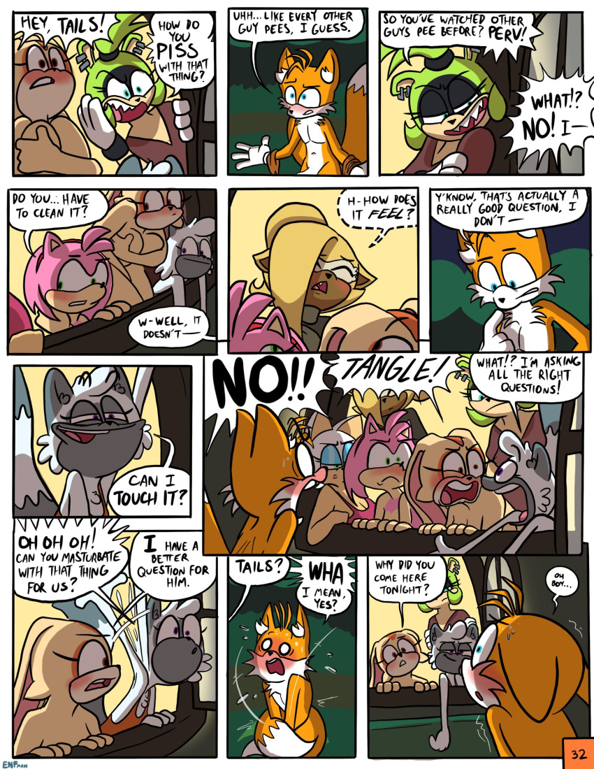 2_tails afrosoricid amy_rose anthro bat blue_eyes blue_eyeshadow blush canid canine clothed clothing comic covering covering_breasts covering_crotch covering_self cream_the_rabbit dialogue english_text eulipotyphlan eyeshadow female fox fur genitals group hedgehog hi_res idw_comics idw_publishing lagomorph lemur leporid makeup male male/female mammal mobian_(species) multi_tail nude page_32 penis primate rabbit rouge_the_bat sega shaking sonic_(series) sonic_the_hedgehog_(comics) sonic_the_hedgehog_(idw) sonic_the_hedgehog_(series) strepsirrhine surge_the_tenrec tails tangle_the_lemur tenrec text theenfman yellow_body yellow_fur