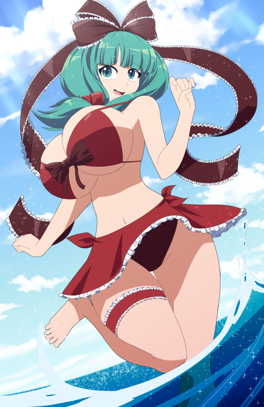 1girls absurd_res beach big_breasts bikini bikini_bottom bikini_top blunt_bangs bow curvaceous curvy curvy_female curvy_figure detailed_background digital_media_(artwork) feet female female_focus female_only frilled_bow frills green_eyes green_hair hairbow hi_res hourglass_figure huge_breasts kagiyama_hina kojiro-brushard large_breasts light-skinned_female looking_at_viewer navel open_mouth red_bikini red_bow short_hair slim_waist smile solo solo_female solo_focus standing standing_on_one_leg thick_thighs tied_hair touhou two_side_up video_games voluptuous wide_hips