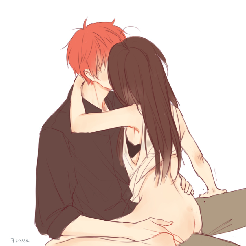 1boy 1girls 707_(mystic_messenger) 7tasse bare_ass black_shirt blush brown_hair clothed cowgirl_position hand_on_neck kissing main_character_(mystic_messenger) making_out mystic_messenger red_hair sitting_on_lap sitting_on_person straight