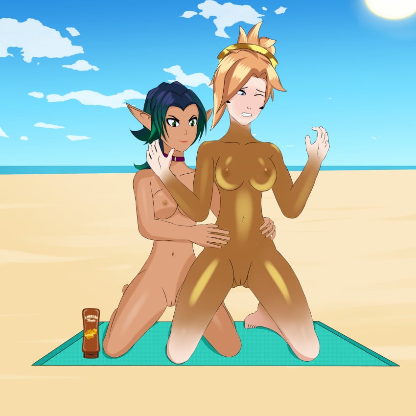 2girls anoneysnufftan applying_sunscreen beach blonde_hair blue_eyes blush breasts clenched_teeth crossover edasbild elf_ears embarrassed embarrassed_nude_female female female_only green_hair hawaiian_tropic headgear humiliation imminent_death jak_and_daxter keira_hagai killer_lotion kneeling lotion lotion_bottle massage mercy multiple_girls murder nipples nude ocean oil oiled one_eye_closed outdoors outside overwatch peril pussy rubbing sand seaside sky snuff summer sunbathing sunscreen towel wince