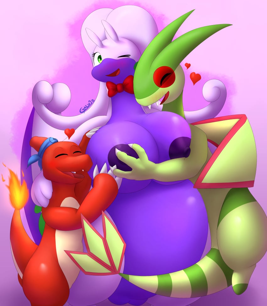 2022 absurd_res accessory amelia_(galv3z) anthro areola belly big_belly big_breasts blush bow_tie breasts charmeleon claws clothing cute_eyes cute_fangs digital_media_(artwork) embrace eyewear eyewear_on_head fangs female fingers fire flaming_tail flygon fondling galv3z_(artist) generation_1_pokemon generation_3_pokemon generation_6_pokemon genitals goodra green_arms green_body green_eyes green_horn green_wings group hand_on_breast head_horn headband heart hi_res horn hug huge_thighs male male/female natural_eyewear nintendo nipples nude overweight overweight_female pokémon_(species) pokemon pokemon_(species) purple_areola purple_body purple_nipples pussy red_body red_bow_tie scales simple_background smile thick_tail thick_thighs trio video_games wholesome_hug wings