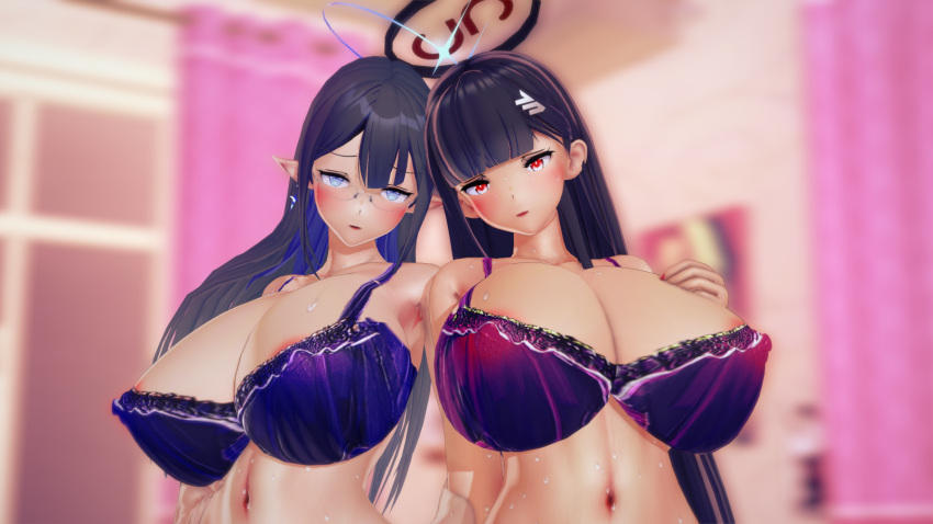 2girls 3d belly_button big_breasts black_hair blue_archive blue_bra blue_eyes bra elf female female_only general_student_council_(blue_archive) glasses halo indoors koikatsu light-skinned_female light_skin lingerie looking_at_viewer millennium_science_school_student pointy_ears purple_bra red_eyes rin_(blue_archive) rio_(blue_archive) seminar_(blue_archive) taf4mad