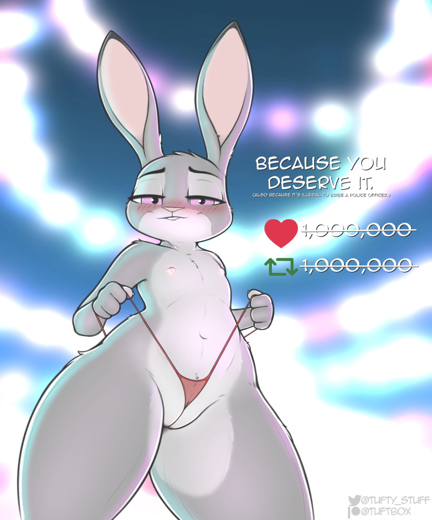 4_fingers absurd_res anthro artist_name bite biting_lip biting_own_lip blush disney english_text female fingers flat_chest flat_chested fluffytuft fur genitals grey_body grey_fur hi_res judy_hopps lagomorph leporid long_ears looking_at_viewer looking_down low-angle_view mammal nipples nude panties pink_eyes purple_eyes pussy pussy_floss rabbit self_bite smile solo text thick_thighs thong topless underwear wedgie zootopia