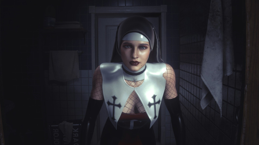 1girls 3d agnija_radoncic artist_request bare_shoulders bathroom black_makeup capcom cleavage female female_focus female_only female_pov first_person_view fishnets hitman_absolution jill_valentine jill_valentine_(sasha_zotova) large_breasts nun pov resident_evil resident_evil_3 resident_evil_3_remake solo solo_female solo_focus source_filmmaker tagme unaware