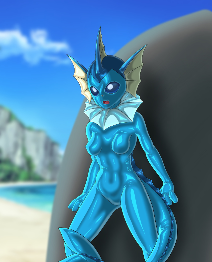 1girls beach blue_bodysuit bodysuit female female_focus female_only full_body_suit kmrmur lana_(pokemon) open_mouth pokemon pokemon_(cosplay) pokemon_sm pokesuit rubber_suit solo solo_female tail vaporeon_(cosplay)