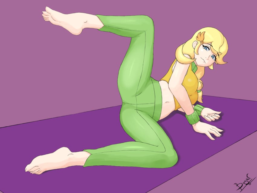 1girls background blonde_hair bogar character_request crypt_of_the_necrodancer female focus rift_of_the_necrodancer simple_background smile yoga yoga_pants yoga_pose