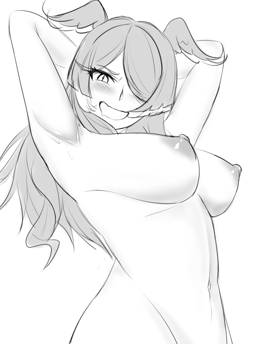 armpits arms_up breasts deathscythe_(artist) elira_pendora hair_over_one_eye head_wings mole monochrome navel nijisanji nijisanji_en nipples nude nude_female sweat virtual_youtuber