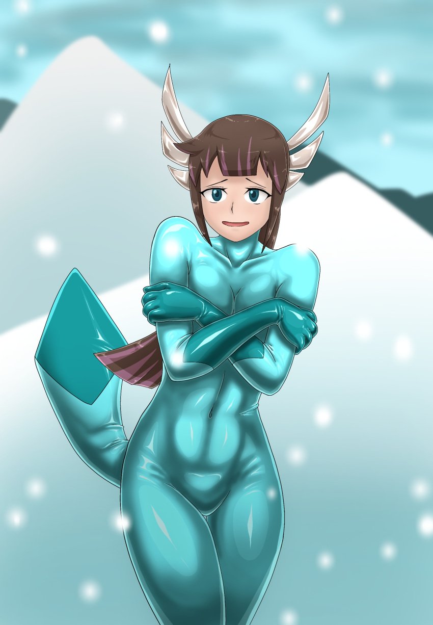 1girls blue_bodysuit bodysuit female female_focus female_only freezing glaceon_(cosplay) kmrmur pokemon pokemon_(cosplay) pokesuit rubber_suit snow solo solo_female