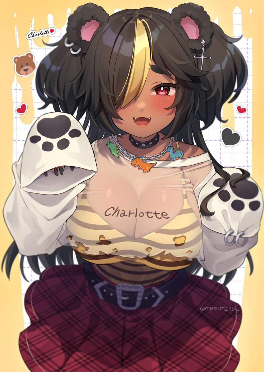 1girls animal_ears artist_name bear_ears bear_girl black_hair black_nails blonde_hair blush character_name charlotte_(charlottexbear) dark-skinned_female dark_skin fangs female female_only hair_over_one_eye heart indie_virtual_youtuber kemonomimi red_eye solo translucent_clothing trente30m two_tone_hair virtual_youtuber