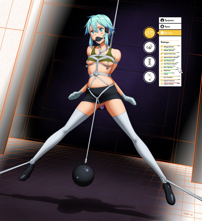 arms_tied_behind_back ball_gag bondage drew_gardner english_text miniskirt mons_pubis no_panties pubic_mound pussy_plug rope_bondage sinon sword_art_online tagme text thighhighs underboob