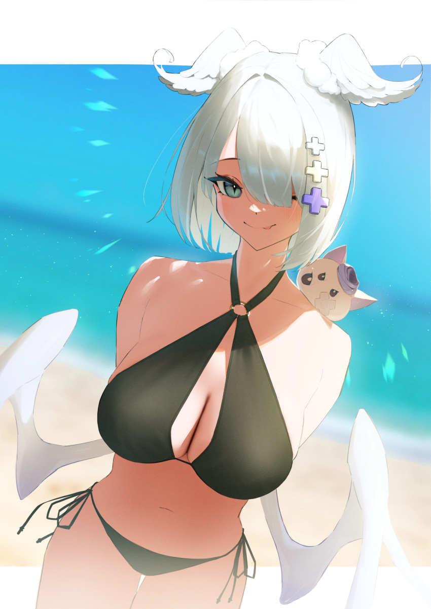 arms_behind_back beach bikini black_bikini bob_cut breasts cleavage elira_pendora hair_over_one_eye head_wings katahaba_keiji navel nijisanji nijisanji_en no_mole swimsuit virtual_youtuber wings