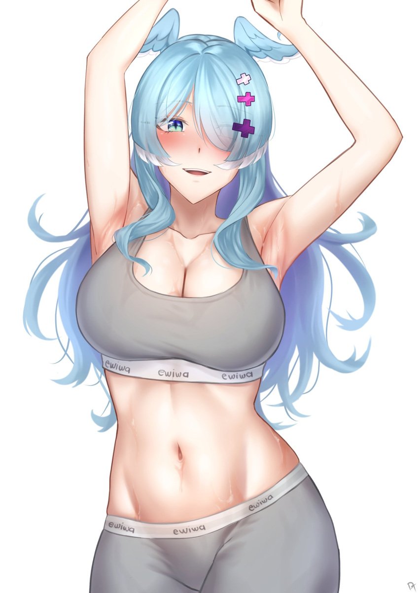 1girls armpits arms_above_head arms_up bare_midriff belly_button big_breasts blue_hair blush cleavage drawtasu elira_pendora hair_covering_eye hair_over_one_eye hair_wings hairclip head_wings light-skinned_female light_skin looking_at_viewer midriff navel nijisanji nijisanji_en one_eye_covered one_eye_obstructed solo sports_bra sports_shorts sportswear sweat sweating sweaty_armpits sweaty_belly virtual_youtuber white_background x_hair_ornament