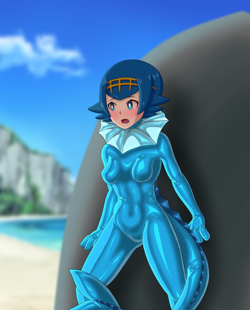 1girls beach blue_bodysuit blue_eyes bodysuit clothing eyes female female_focus female_only hair human jpeg kmrmur lana_(pokemon) mouth nipple_bulge open_eyes open_mouth outdoors pokemon pokemon_(cosplay) pokemon_sm pokesuit rubber rubber_clothing rubber_suit shiny_clothes solo solo_female standing sweat tail vaporeon vaporeon_(cosplay) wetsuit