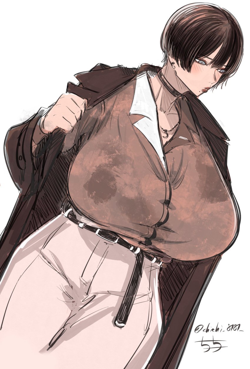 1girls absurdres artist_name artist_signature bakunyuu belt black_belt blank_background blush blush_lines bob_cut breasts brown_coat brown_hair brown_hair_female brown_pants bursting_breasts button_gap buttons chichi8181 chichi_8181 cleavage coat collar depth_of_field dutch_angle enormous_breasts fully_clothed fully_clothed_female hi_res high_resolution highres huge_breasts huge_cleavage jewelry lips lipstick makeup massive_breasts mature mature_female milf necklace office_lady older_female older_woman original original_character pants plain_background shiny shiny_hair shirt short_brown_hair short_hair short_hair_female signature simple_background solid_color_background solo solo_female tight_clothing tight_fit tight_shirt top_heavy top_heavy_breasts very_short_hair voluptuous voluptuous_female white_background