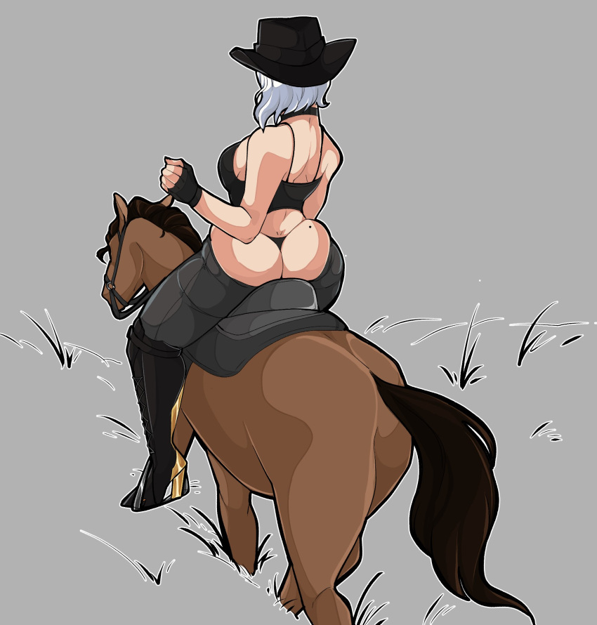 1girls 2d ashe_(overwatch) ass ass_cleavage back_view beauty_mark big_ass black_panties black_thong blizzard_entertainment bluueygooey breasts butt_crack choker cowboy_hat cowboy_western female grass grey_background grey_hair hat horse horseback_riding large_ass large_breasts mole mole_on_ass overwatch panties short_hair thong underwear