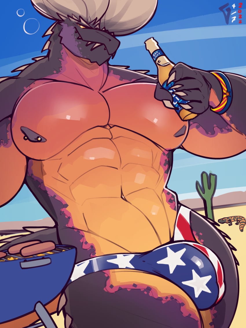 2022 3:4 4th_of_july abs absurd_res alcohol ambient_lizard ambiguous_gender anthro arizona arizona_flag beer beverage big_bulge big_pecs blue_clothing blue_underwear bottle bracelet briefs brown_body brown_scales bubble bud_light bulge cactus capcom clothing cloud container desert drunk drunk_bubble duo elder_dragon food genital_outline grill grilling helodermatid hi_res holding_beer holding_beverage holding_bottle holding_container holding_object horn hot_dog jewelry lizard male male/ambiguous male_only maxydont monster_hunter multicolored_body multicolored_clothing multicolored_scales multicolored_underwear muscular muscular_anthro muscular_male navel nergigante nipple_piercing nipples orange_body orange_scales patriotic_clothing patriotic_underwear patriotism patterned_underwear pecs penis_outline piercing plant politics red_body red_clothing red_scales red_underwear reptile scales scalie signature sky smile solo_focus spiked_tail spikes spikes_(anatomy) standing star stars_and_stripes substance_intoxication tan_body tan_scales teeth thick_thighs thong two_tone_body two_tone_clothing two_tone_scales two_tone_underwear underwear united_states_of_america video_games watermark white_clothing white_underwear yellow_eyes