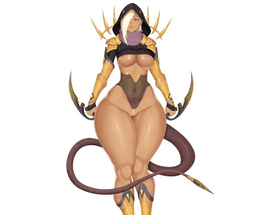 almost_naked almost_nude areola_slip belly_button_visible_through_clothing bubble_ass bubble_butt calena_(succubus_covenant) dagger demon demon_girl demon_tail exposed_pussy game_cg golden_armor hood hood_up kainkout lipstick muscular_female muscular_legs official_art one_eye_covered pubic_tattoo seductive seductive_eyes seductive_look seductive_mouth seductive_pose shiny_skin short_hair succubus succubus_covenant succubus_tail succubus_tattoo tail underboob voluptuous voluptuous_female white_hair yellow_eyes