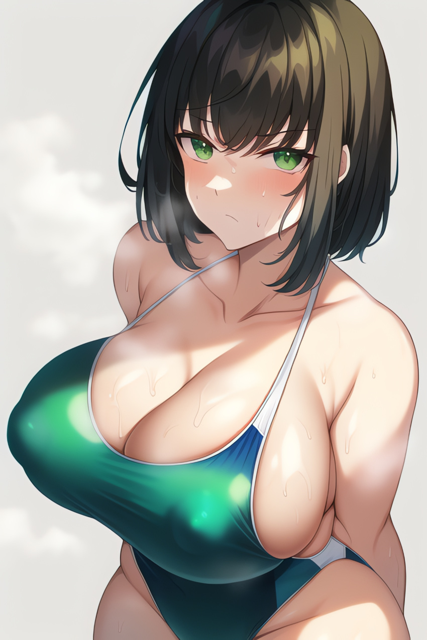 1girls ai_generated bangs big_breasts blush breasts busty cleavage closed_mouth eyebrows_visible_through_hair female front_view fubuki_(one-punch_man) green_eyes huge_breasts large_breasts leaning_forward looking_at_viewer nai_diffusion novelai-toukou one-piece_swimsuit one-punch_man shiny_skin short_hair simple_background solo stable_diffusion sweat sweaty_body swimsuit thighs