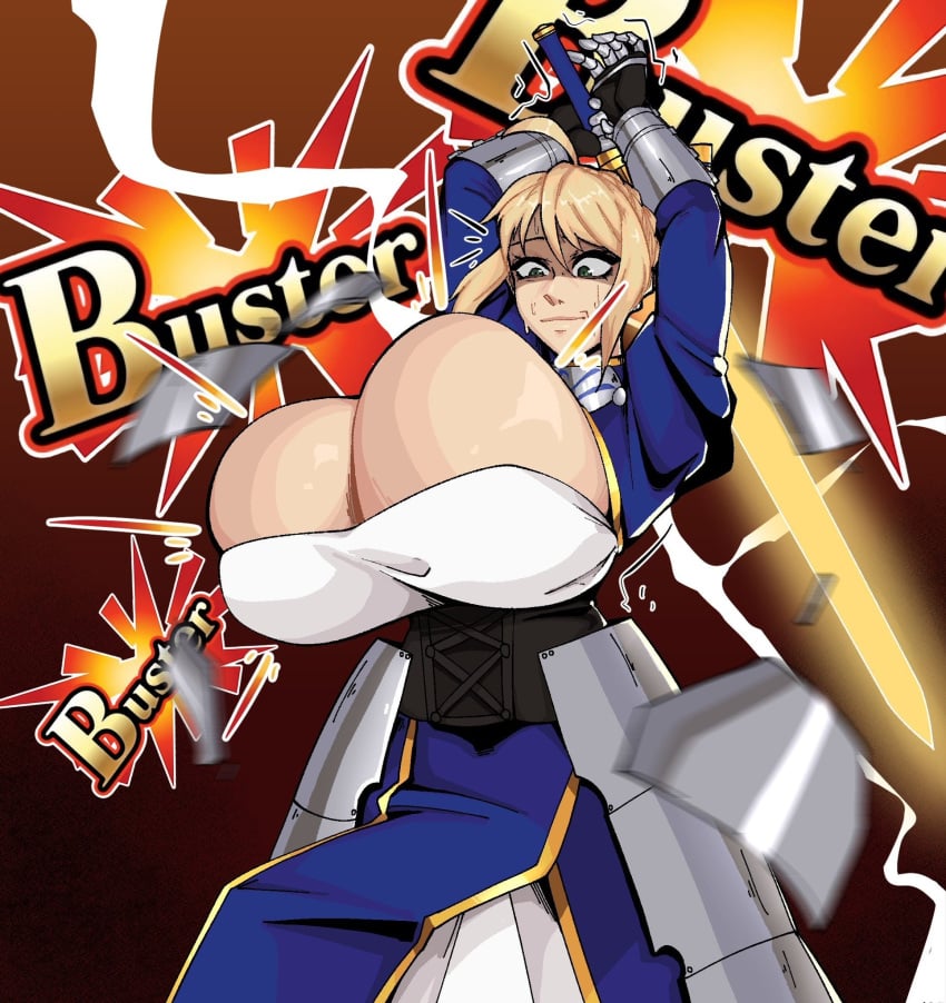 1girls action_lines alternate_breast_size arm_raised armor armor_break armor_removed armored armored_dress armored_gloves armour arms_raised arms_up artoria_pendragon artoria_pendragon_(all) artoria_pendragon_(fate) artoria_pendragon_(saber) awkward awkward_pose awkward_situation big_breasts blonde_female blonde_hair blue_dress blue_skirt blur boob_window bounce bouncing bouncing_breasts braided_bun breaking breast_expansion breast_grab breasts breasts_bigger_than_head breasts_bursting_out breasts_out breasts_outside bursting bursting_breasts bursting_buttons bursting_clothes bursting_out_of_clothing closed_mouth clothed clothed_female clothes clothing crown_braid destroyed_clothing dress embarrassed embarrassed_clothed_female embarrassed_female embarrassing expanding expansion exposed_breasts eyebrows_raised fate/grand_order fate/stay_night fate_(series) female female_focus female_only gauntlet gauntlets gloves glowing green_eyes hair_braid hand_raised hands_raised holding holding_object holding_sword holding_weapon huge_breasts humor inconvenient_breasts joke joke_art large_breasts light-skinned_female light_skin logo logo_in_background long_hair meme mouth_closed movement movement_lines nervous nervous_face nervous_sweat orange_background plump_breasts pony_tail ponytail pose posing raised_arm raised_arms raised_eyebrows raised_hand raised_hands raised_weapon saber simple_background skirt sole_female solo_female solo_focus standing strongmoist sweat sweatdrop sweating sweaty sword sword_raised symbol tied_hair weapon