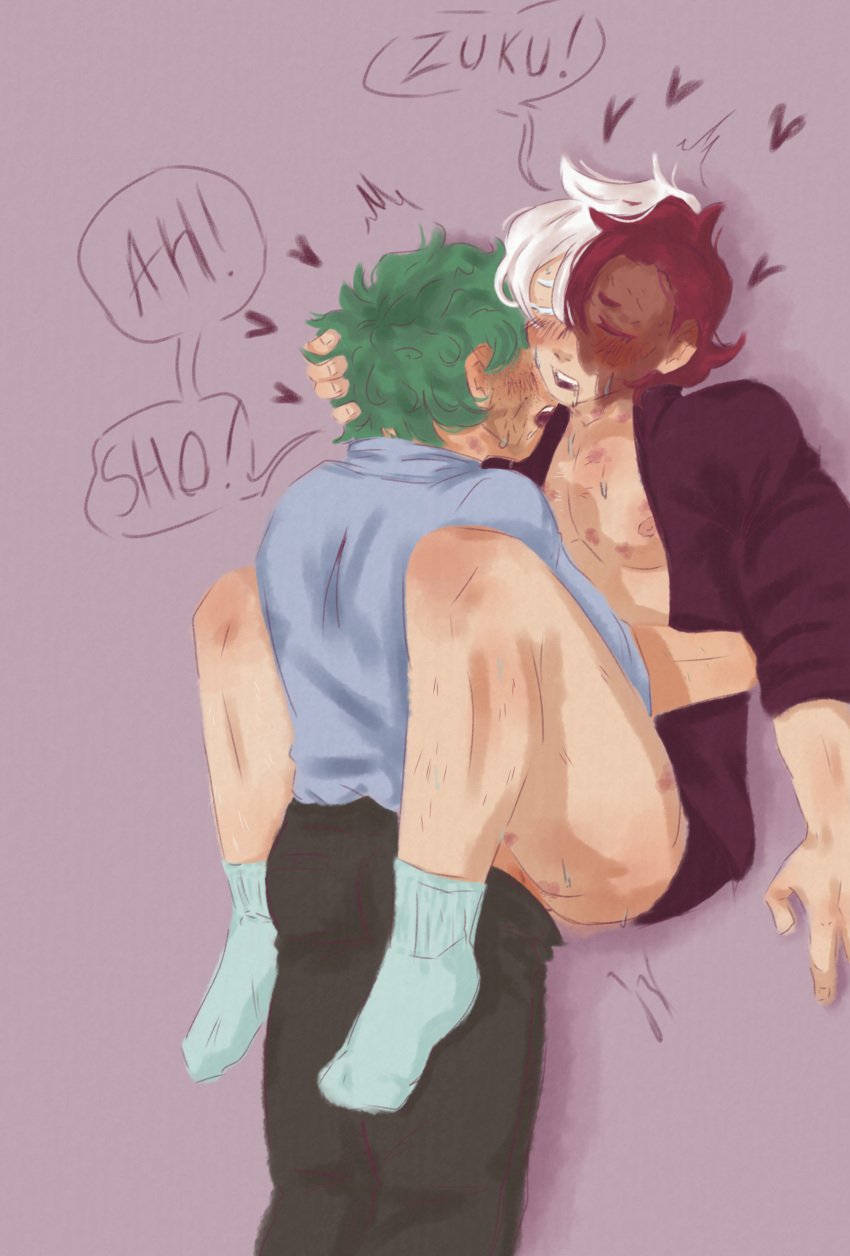 closed_eyes clothed_sex facial_scar gay_sex green_hair hickey izuku_midoriya male_only my_hero_academia red_hair shouto_todoroki socks wall_sex white_hair yaoi