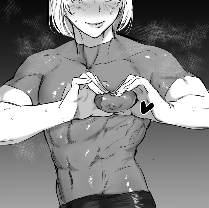 abs androgynous blush breath eyes_out_of_frame fully_clothed heart-shaped_boob_challenge imai_cosmo kengan_(series) kengan_ashura looking_at_viewer male male_only maro_(pixiv) monochrome muscles muscular muscular_femboy muscular_male nipple_bulge pec_squish rash_guard skin_tight smile solo sportswear steam sweat tight_clothing twunk