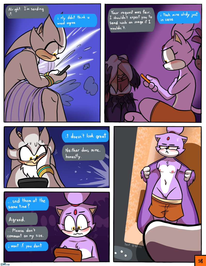 amy_rose anthro blaze_the_cat breasts cellphone cleavage clothed clothing comic covering covering_chest covering_self dialogue domestic_cat duo duo_focus embarrassed english_text eulipotyphlan felid feline felis female flashing flat_chested forehead_gem fur genitals grey_body grey_fur group hedgehog hi_res idw_comics idw_publishing male male/female mammal mobian_(species) navel nipples nude page_58 phone purple_body purple_fur pussy sega silver_the_hedgehog sonic_(series) sonic_the_hedgehog_(comics) sonic_the_hedgehog_(idw) sonic_the_hedgehog_(series) text theenfman towel toweling_off whisper_the_wolf yellow_eyes