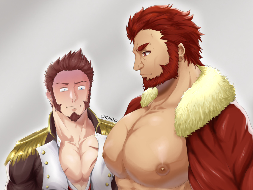 2boys big_breasts big_pecs breasts_focus fate/grand_order fate_(series) girl_staring_at_guy's_chest iskandar_(fate) kaidou_j1 male male_only meme muscular muscular_male napoleon_bonaparte_(fate)