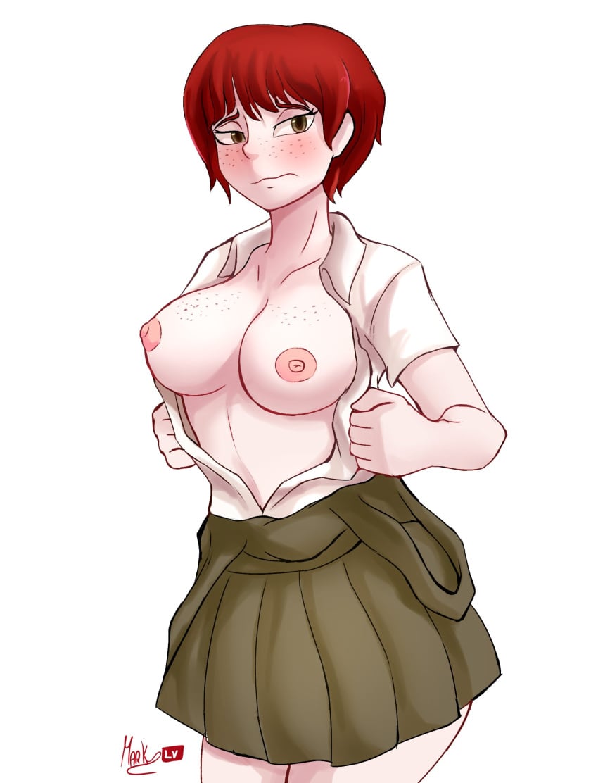 1girls areolae blush breasts danganronpa danganronpa_2:_goodbye_despair embarrassed exposed_breasts female_only flashing flashing_breasts freckles freckles_on_breasts koizumi_mahiru large_breasts mvoid_lv nipples no_bra open_clothes open_shirt straight_hair super_danganronpa_2 very_short_hair