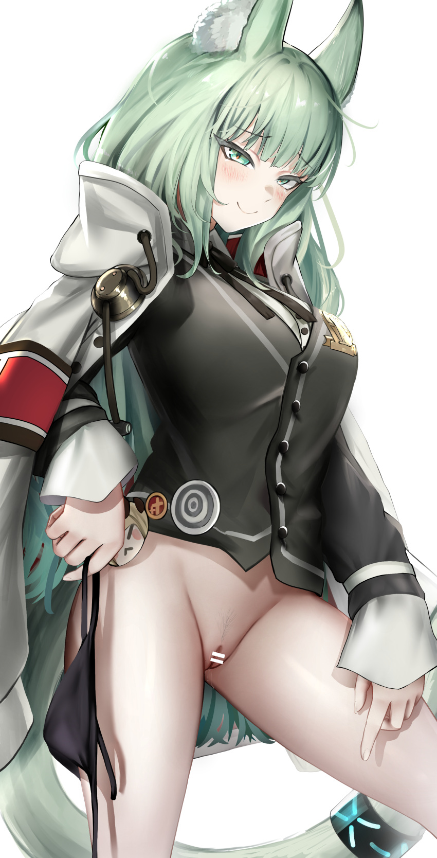 absurdres animal_ear_fluff animal_ears arknights bag_charm bar_censor bottomless cape cardigan cat_ears cat_girl cat_tail censored charm_(object) female green_eyes green_hair grey_cardigan harmonie_(arknights) highres holding holding_clothes holding_panties holding_underwear infection_monitor_(arknights) neck_ribbon nopetroto panties panties_removed pussy ribbon smile string_panties tail tail_ornament tail_ring underwear white_background white_cape