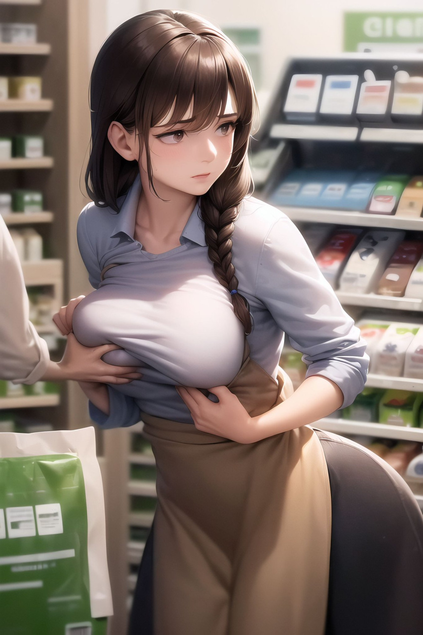 1boy 1girls 2023 ai_generated big_breasts brown_hair curvy_body curvy_female female_focus female_only grocery_store hair_braid harassment high_resolution long_hair nai_diffusion questionable_consent stable_diffusion tagme