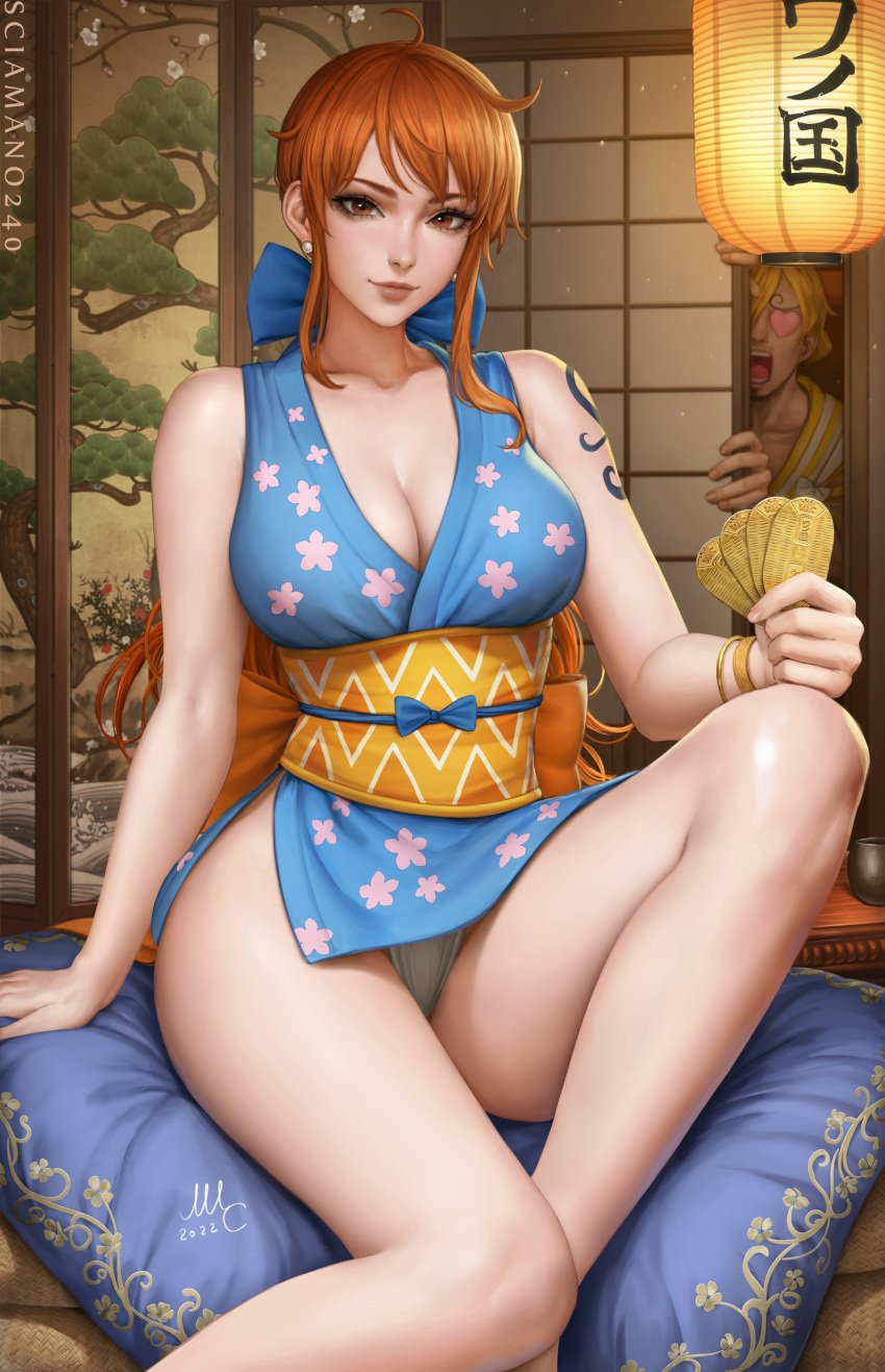 1boy 1girls 2020s 2022 alternate_version_available artist_name artist_signature ass bare_legs big_ass big_breasts big_butt blue_kimono blue_ribbon breasts brown_eyes busty butt cleavage clothed clothed_female clothing female hartman_hips heart_eyes hi_res high_resolution highres kimono large_ass large_breasts large_butt long_hair looking_at_viewer male mirco_cabbia nami nami_(one_piece) one_piece open_door orange_eyes orange_hair orange_ribbon panties panty_shot pantyshot_(sitting) patreon patreon_reward peeping peeping_tom pinup post-timeskip red_hair revealing_clothes ribbon sciamano240 short_kimono shoulder_tattoo sitting sitting_on_pillow smile smiling smiling_at_viewer smirk smirking smirking_at_viewer straight_hair tattoo thick thick_thighs thighs tied_hair very_long_hair vinsmoke_sanji wano_country wide_hips