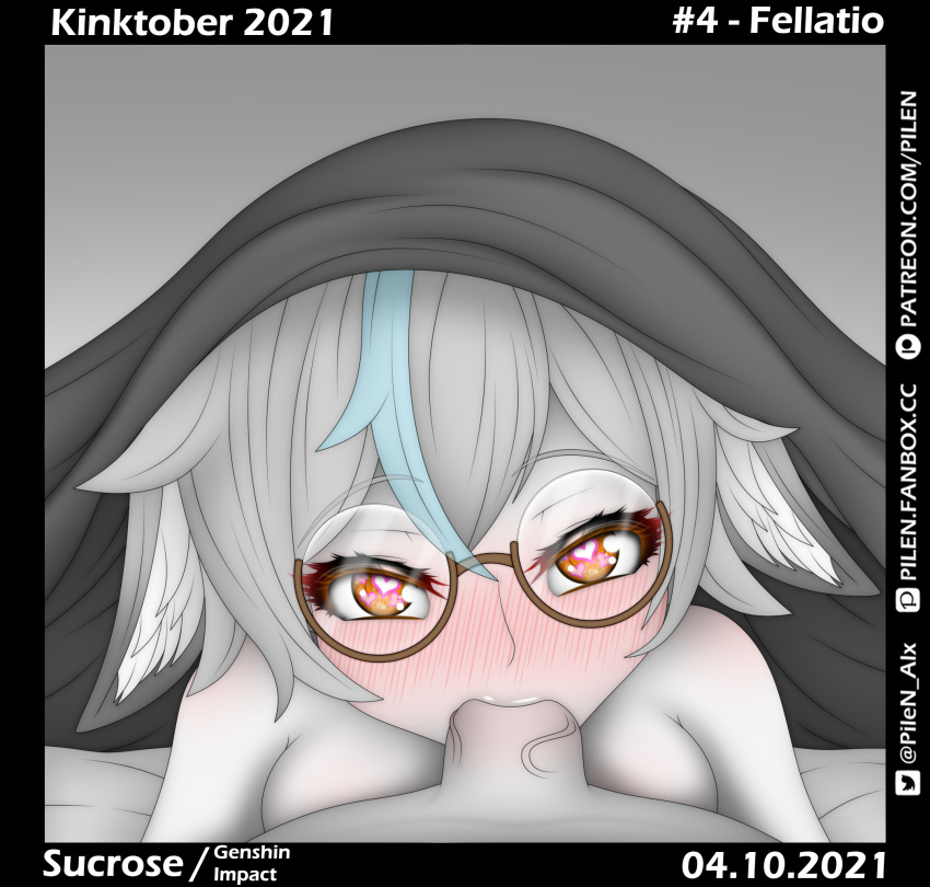 1boy 1girls blush breasts fellatio female genshin_impact glasses heart-shaped_pupils male monochrome oral penis_in_mouth pilen pov sucrose_(genshin_impact) under_blanket unseen_male_face veiny_penis