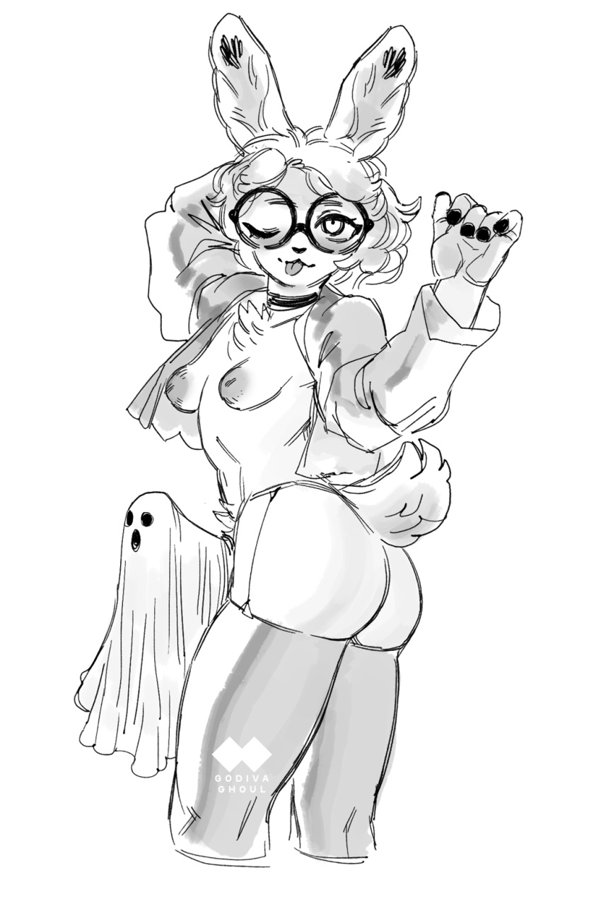 anthro ass breasts clothed clothing erection erection_under_clothing eyewear ghost_costume glasses godiva_ghoul gynomorph hi_res intersex lagomorph leporid mammal medium_breasts monochrome rabbit solo