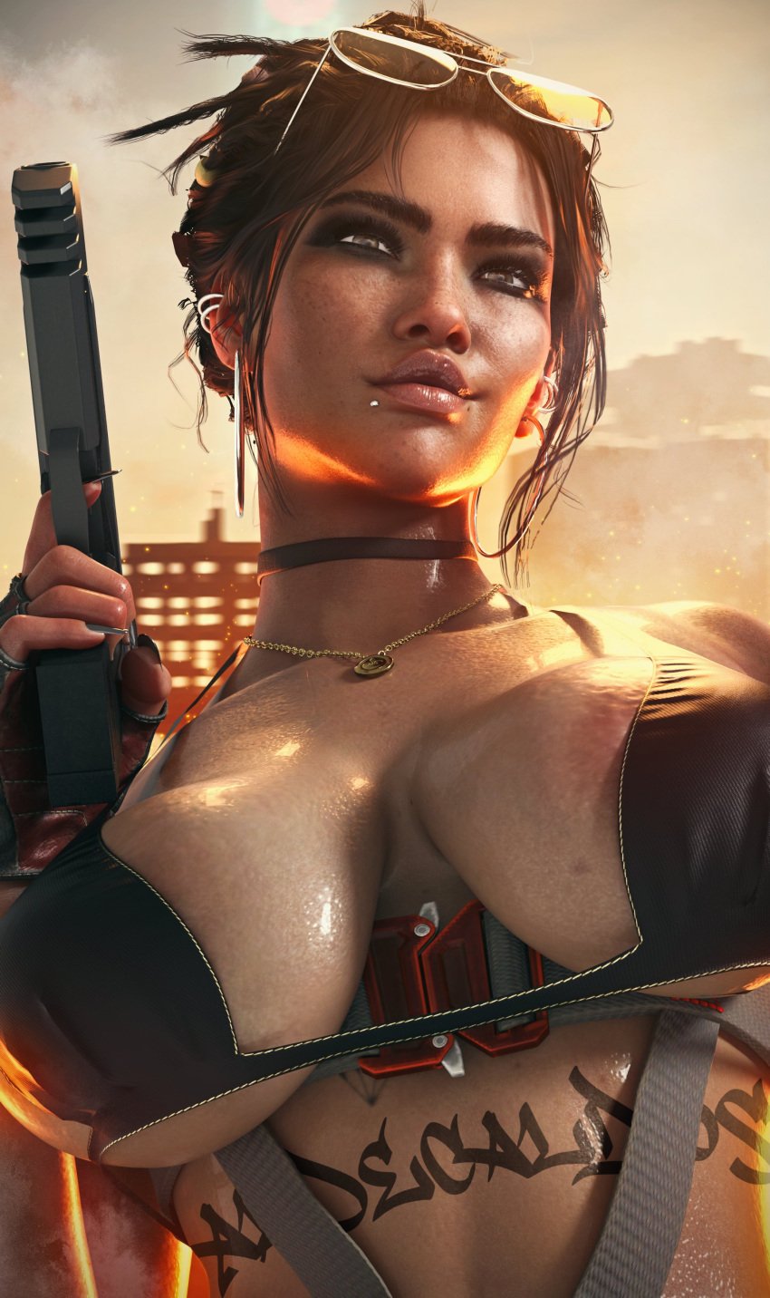 1girls 3d bare_shoulders big_breasts cd_projekt_red cyberpunk cyberpunk_2077 dark-skinned_female female female_only hair_bun hairbun hoop_earrings panam_palmer ravelent sci-fi science_fiction scifi solo solo_female tagme thick_thighs