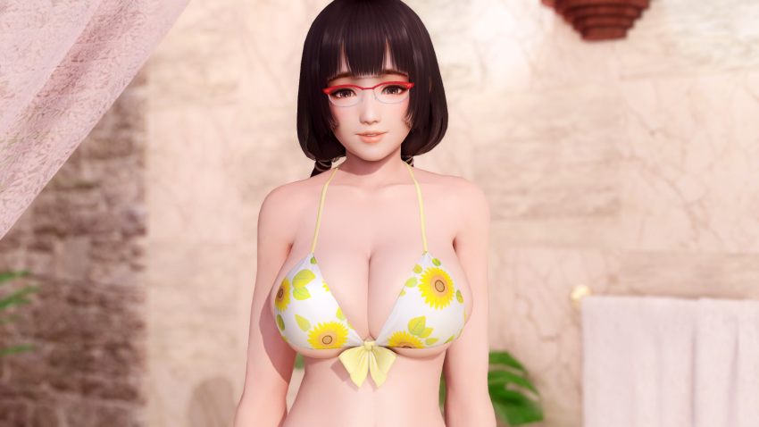 1girls 3d bikini_top brown_hair cleavage dead_or_alive dead_or_alive_5 doahdm female female_only glasses gravure_studio highres large_breasts long_hair naotora_ii sengoku_musou skindentation smile swimsuit tecmo