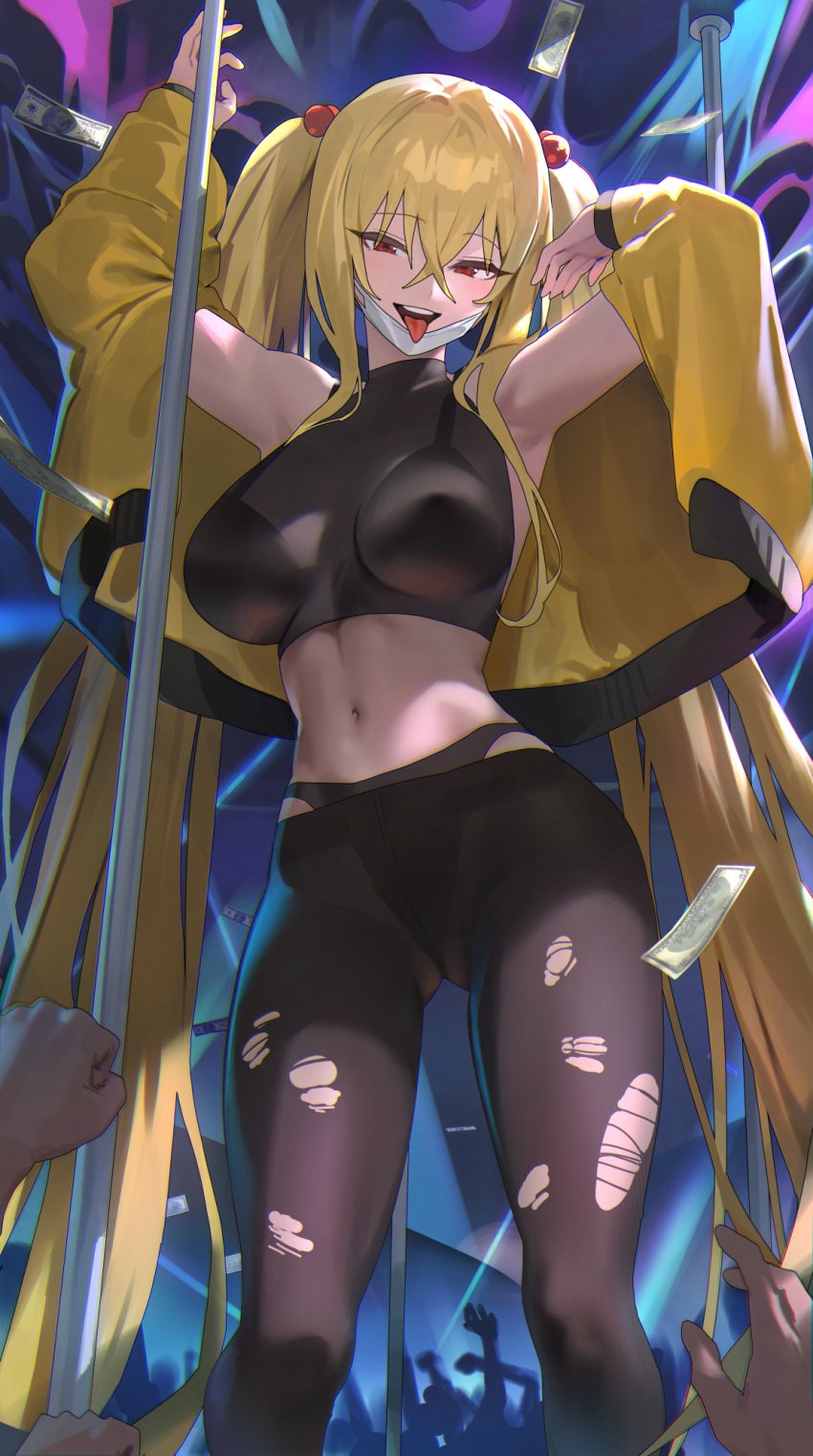 1girls blonde_hair bra breasts clothed female highleg hood_x_art jacket k_pring large_breasts light-skinned_female light_skin long_hair low-angle_view mask midriff money naughty_face open_mouth original original_character panties pantyhose red_eyes sayuri_(k_pring) see-through see_through smile stripper_pole tights tongue_out torn_pantyhose twintails