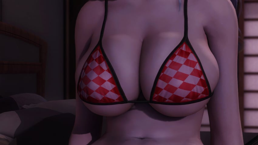 1girls 3d bedroom big_breasts bikini_top breasts cleavage close-up dead_or_alive dead_or_alive_5 dead_or_alive_xtreme_venus_vacation doahdm female highres indoors large_breasts navel on_bed shandy_(doa) sitting skindentation