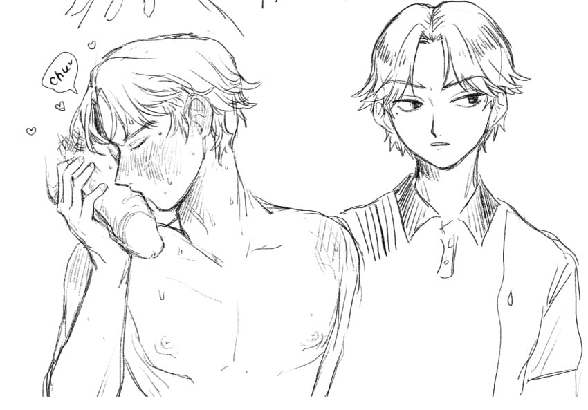 2boys atobe_keigo bigkinokosan blush closed_eyes disembodied_penis gay kissing_penis male male_only monochrome penis prince_of_tennis short_hair sweat topless yaoi