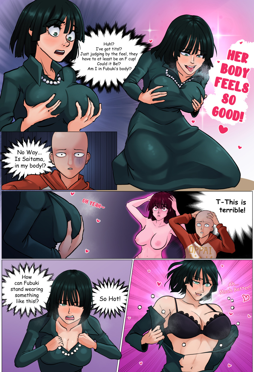 1boy 1girls bald big_breasts body_swap breasts busty clothed clothing comic dark_green_hair dialogue english_text female fubuki_(one-punch_man) green_eyes green_hair hero heroine highres large_breasts light-skinned_female light-skinned_male light_skin male male/female medium_hair one-punch_man saitama short_hair text tsfsingularity