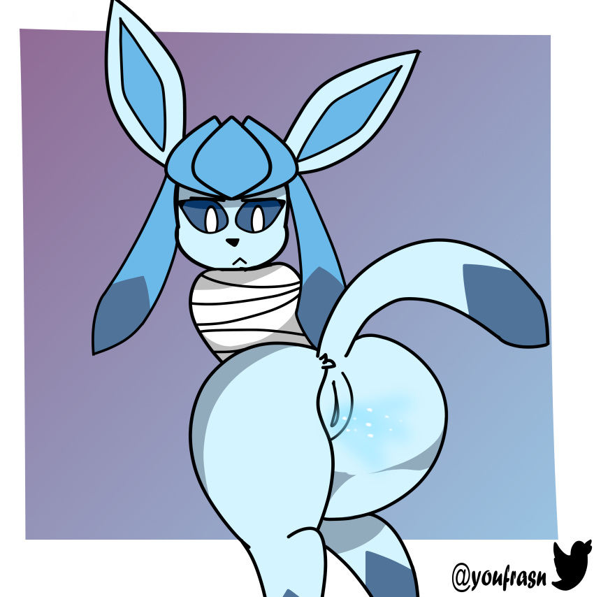 :< absurd_res anthro anthrofied ass canid canine eeveelution female fur furry furry_only generation_4_pokemon glaceon hi_res mammal nintendo pokemon pokemon_(species) pussy solo tail youfrasn