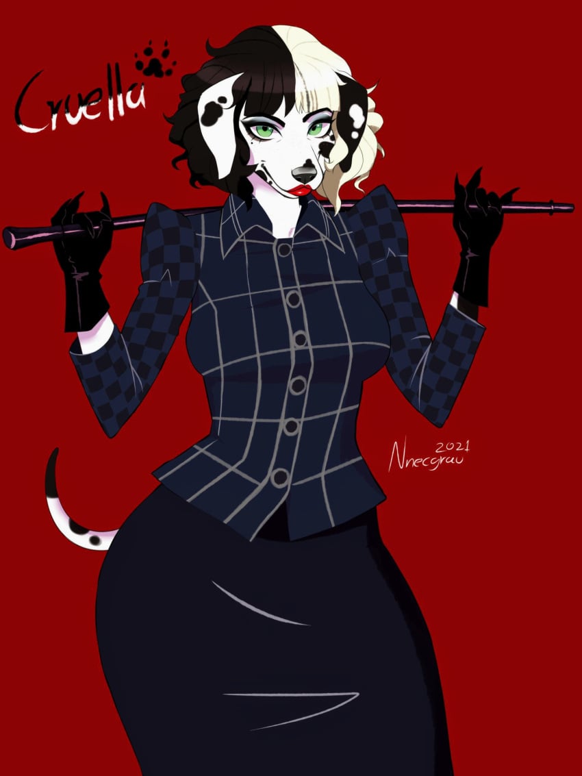 101_dalmatians 1girls 2021 anthro artist_name black_eyeshadow black_gloves black_hair breasts canine character_name clothed clothing cruella_(film) cruella_de_vil dalmatian dog_ears dog_girl dog_tail female furry furry_female gloves green_eyes looking_at_viewer nnecgrau red_lipstick short_hair solo tail two_tone_hair white_hair