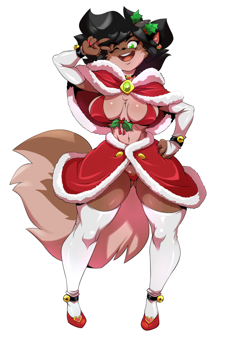 1girls anthro black_hair brown_fur caprine chalo christmas christmas_outfit countershading female female_only full_body fur furry furry_only furry_tail green_eyes hope_ravenhurst las_lindas looking_at_viewer smiling smiling_at_viewer solo tail thick_thighs thighhighs v_sign very_high_resolution white_background white_thighhighs wink winking_at_viewer