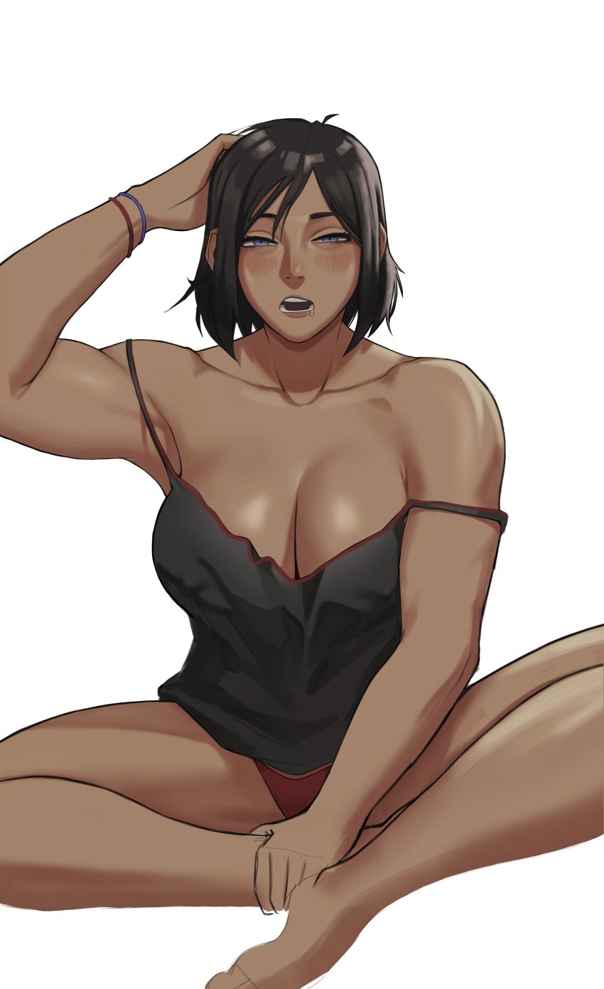 1girls avatar_legends big_breasts black_topwear blue_eyes blush blushing_at_viewer breasts brown_hair brown_skin dark-skinned_female dark_skin female female_only gud0c hand_on_head korra large_breasts looking_at_viewer open_mouth panties red_panties red_underwear saliva saliva_drip saliva_trail short_hair sleepy solo the_avatar the_legend_of_korra thighs topwear underwear voluptuous voluptuous_female waking_up water_tribe wristband