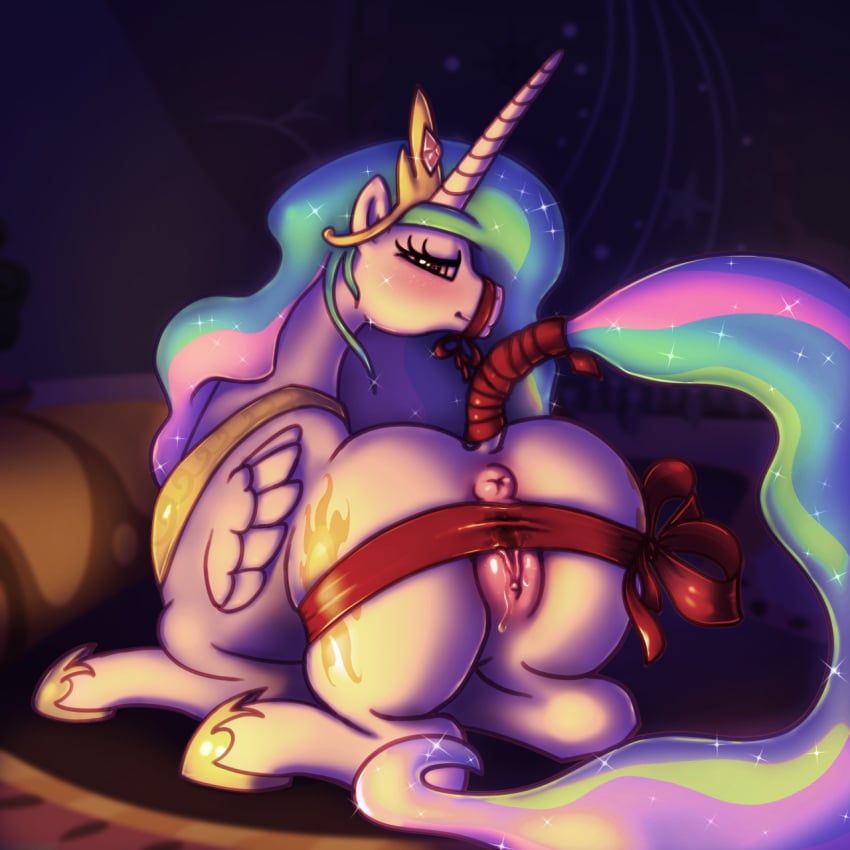 alicorn anus ass big_butt blush bodily_fluids bondage crown cutie_mark equid equine female feral friendship_is_magic genital_fluids genitals hair hasbro hi_res horn long_hair looking_at_viewer mammal multicolored_hair muzzled my_little_pony princess_celestia_(mlp) pussy pussy_juice ribbons solo sparkles syoee_b tail white_body wings