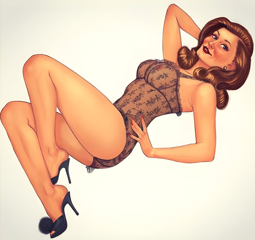 brown_hair female heels lingerie pin-up romain_hugault transparent_clothing