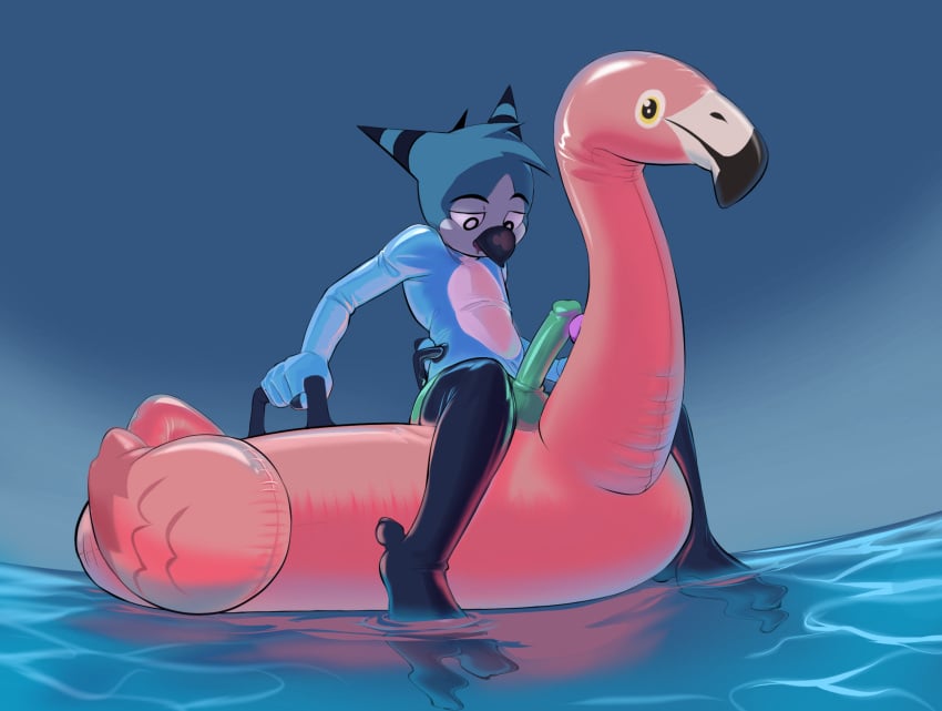 2022 absurd_res anthro avian beak bird blue_body bodysuit clothed clothing digital_drawing_(artwork) digital_media_(artwork) erection genitals glistening handles hi_res inflatable owl owy owy_(character) penis pool_toy rubber skinsuit solo tight_clothing water